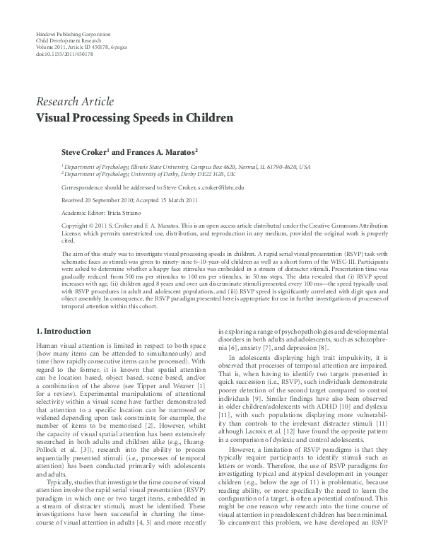 (PDF) Visual Processing Speeds in Children