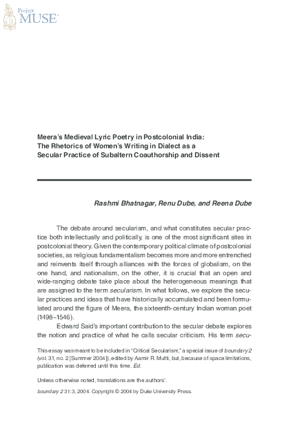 Pdf Meera S Medieval Lyric Poetry In Postcolonial India The Rhetorics Of Women S Writing In Dialect As A Secular Practice Of Subaltern Coauthorship And Dissent Rashmi Bhatnagar Academia Edu