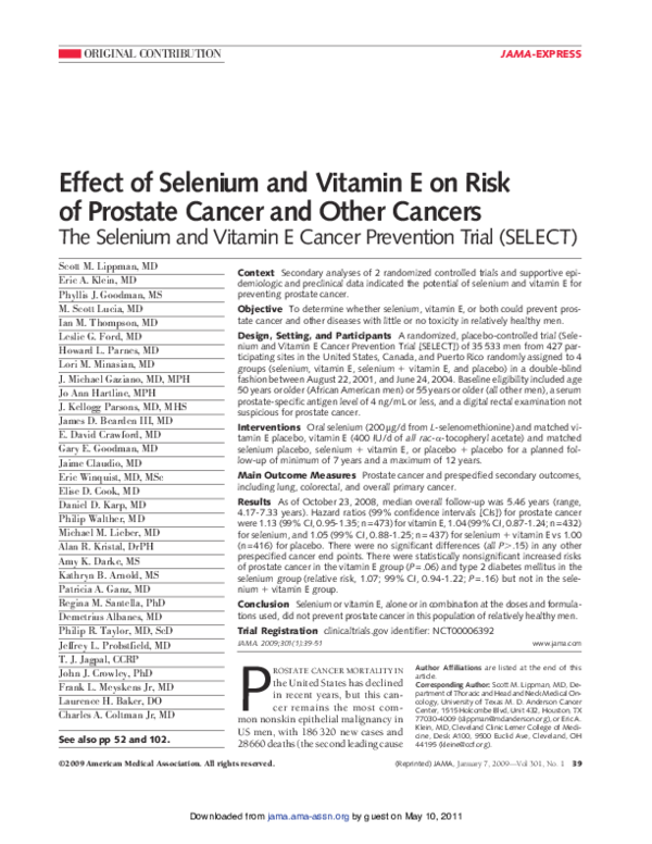 (PDF) Effect of Selenium and Vitamin E on Risk of Prostate Cancer and ...