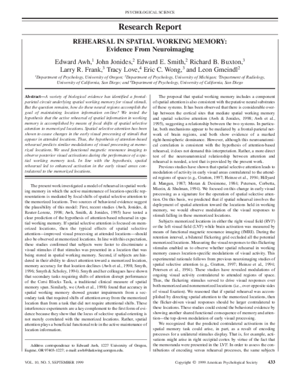 (PDF) Rehearsal in Spatial Working Memory: Evidence From Neuroimaging
