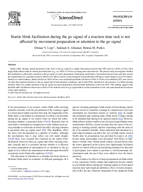 (PDF) Startle blink facilitation during the go signal of a reaction ...