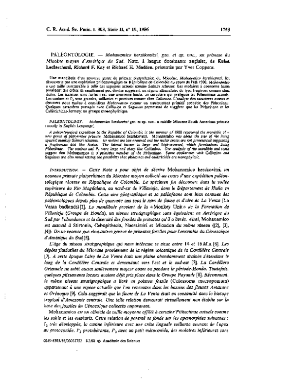 (PDF) Mohanamico hershkovitzi, gen. et sp. Nov., un primate du Miocène