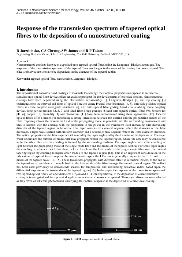(PDF) Response of the transmission spectrum of tapered optical fibres ...