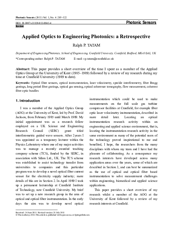 (PDF) Applied optics to engineering photonics a retrospective Ralph