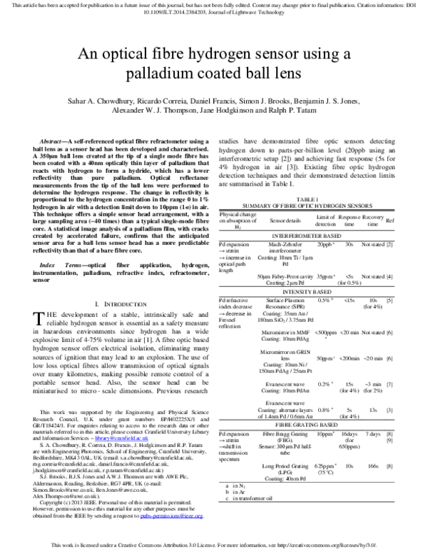 (PDF) An optical fibre hydrogen sensor using a palladium coated ball lens
