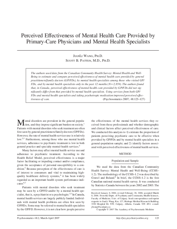 (PDF) Perceived Effectiveness of Mental Health Care Provided by Primary ...