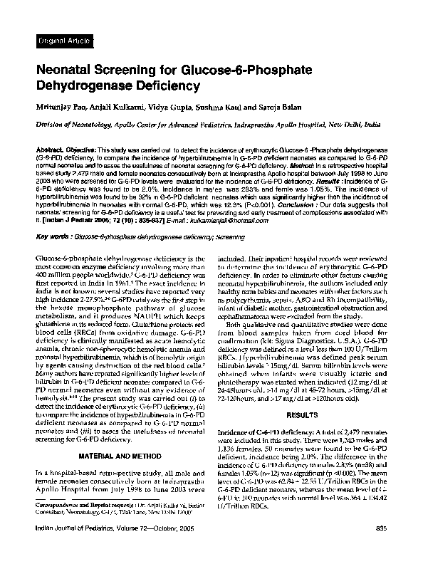 (PDF) Neonatal screening for Glucose-6-Phosphate dehydrogenase deficiency