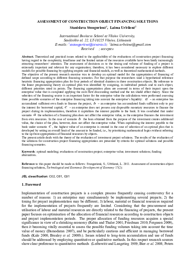 (DOC) Assessment of construction object financing solutions