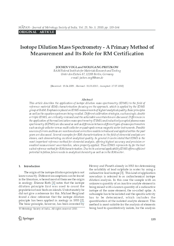 (PDF) Isotope dilution mass spectrometry — A primary method of measurement and its role for RM