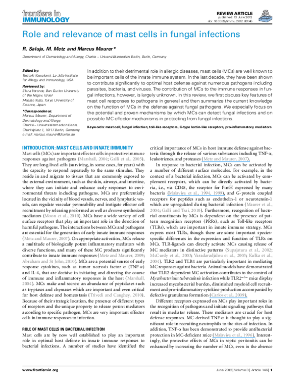 (PDF) Role and relevance of mast cells in fungal infections