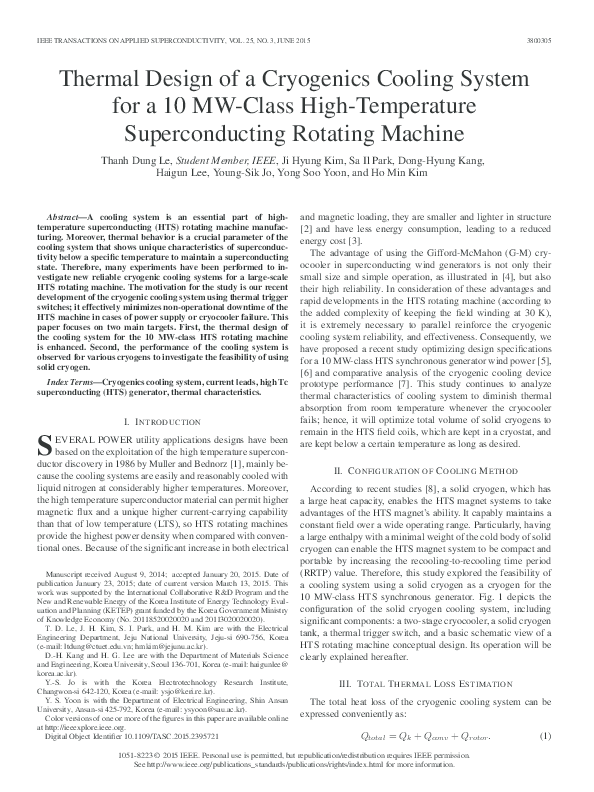 (PDF) Thermal Design of a Cryogenics Cooling System for a 10 MW-Class ...