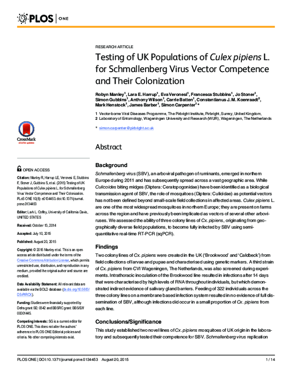 (PDF) Testing of UK Populations of Culex pipiens L. for Schmallenberg ...