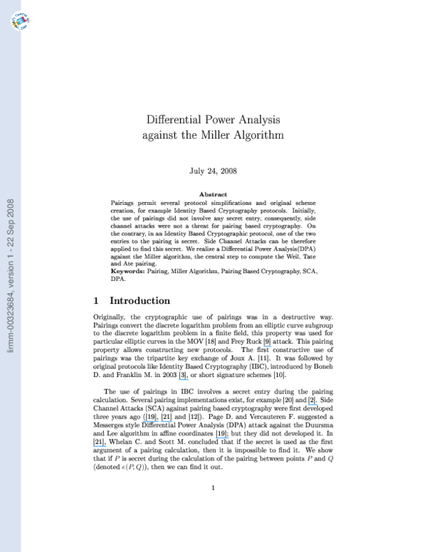 (PDF) Differential Power Analysis against the Miller Algorithm