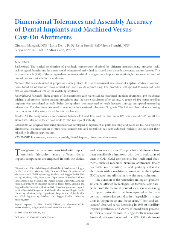(PDF) Dimensional Tolerances and Assembly Accuracy of Dental Implants and Machined Versus Cast