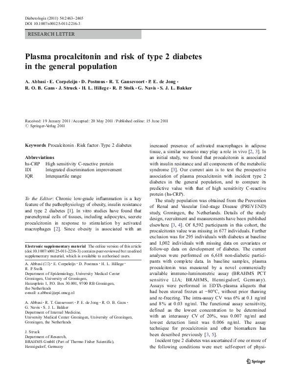 (PDF) Plasma procalcitonin and risk of type 2 diabetes in the general ...