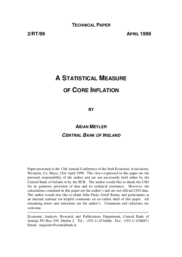 (PDF) A statistical measure of core inflation Aidan Meyler Academia.edu
