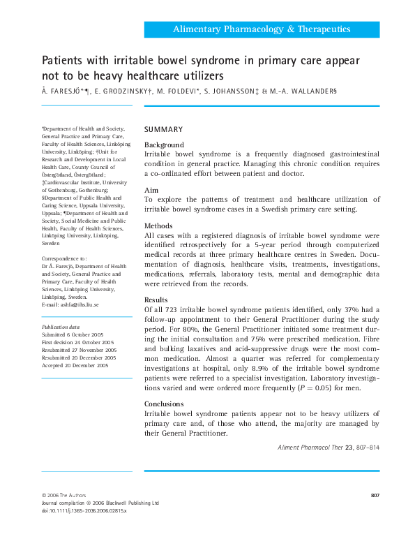 (PDF) Patients with irritable bowel syndrome in primary care appear not ...