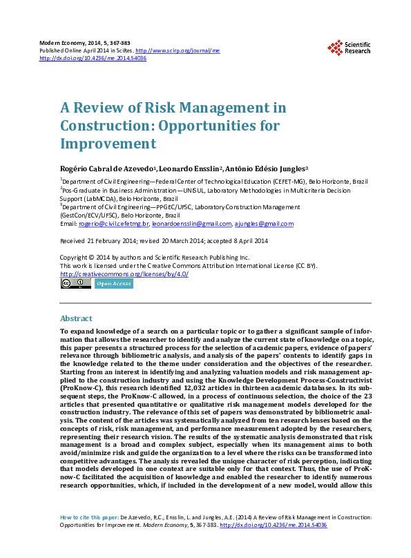 (PDF) A Review of Risk Management in Construction: Opportunities for ...