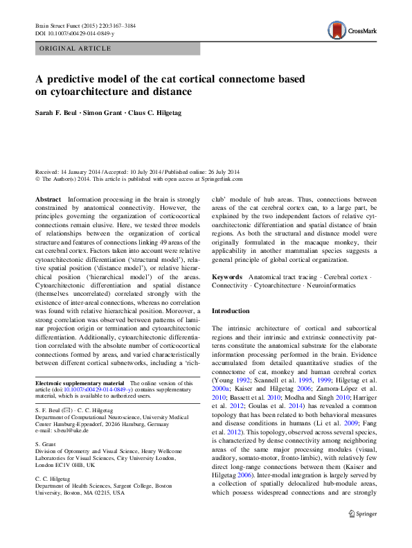 (PDF) A predictive model of the cat cortical connectome based on ...