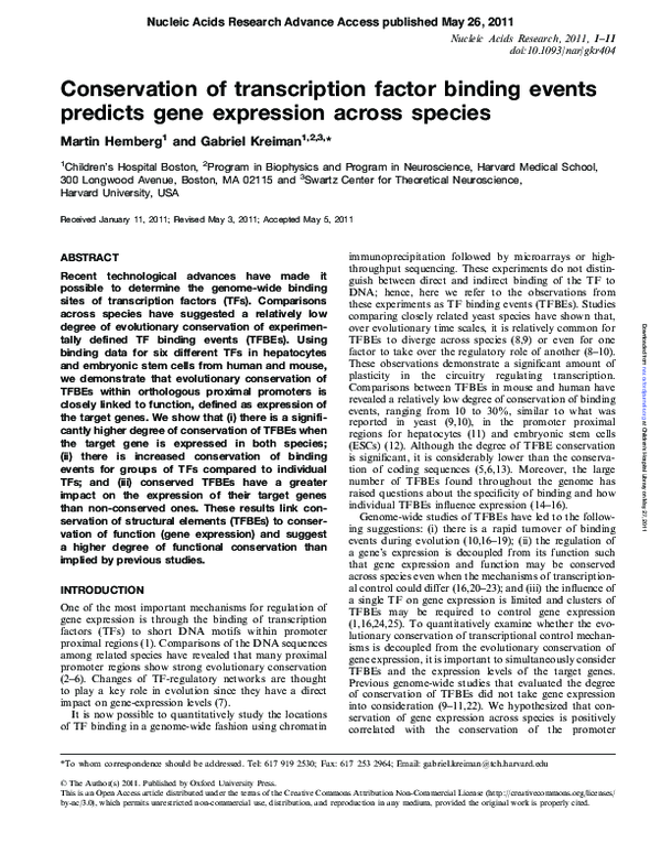 (PDF) Conservation of transcription factor binding events predicts gene ...