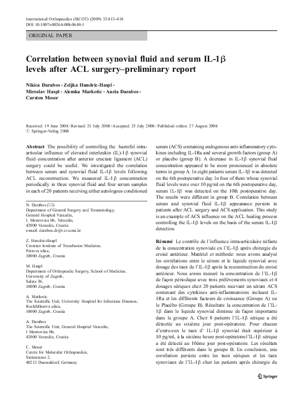 (PDF) Correlation between synovial fluid and serum IL-1β levels after ...