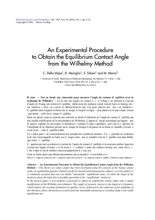 (PDF) An Experimental Procedure to Obtain the Equilibrium Contact Angle ...