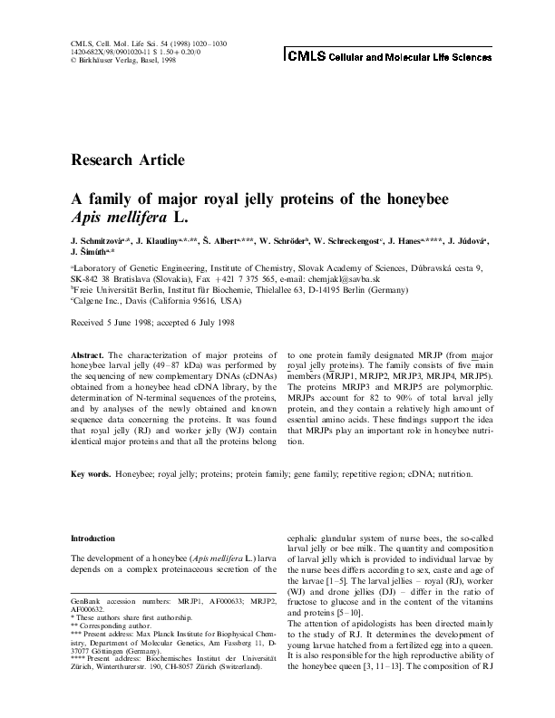 (PDF) A family of major royal jelly proteins of the honeybee Apis