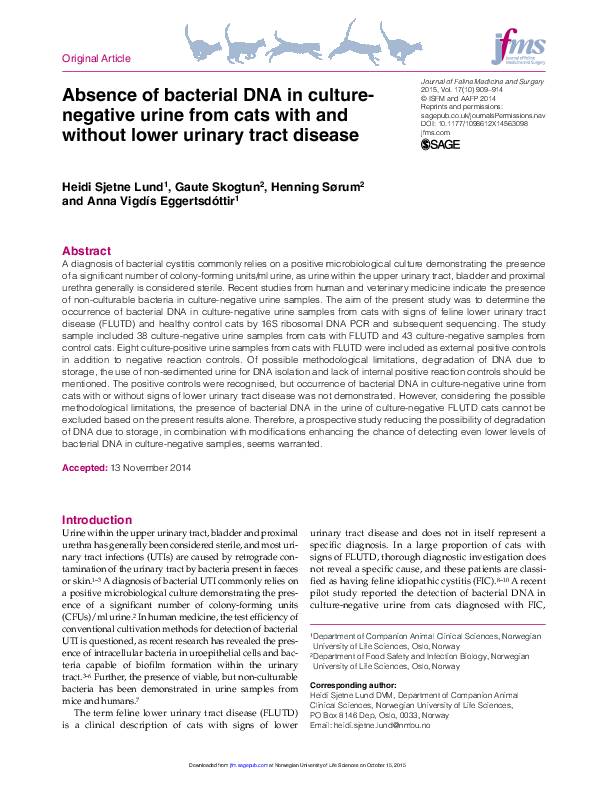 (PDF) Absence of bacterial DNA in culturenegative urine from cats with