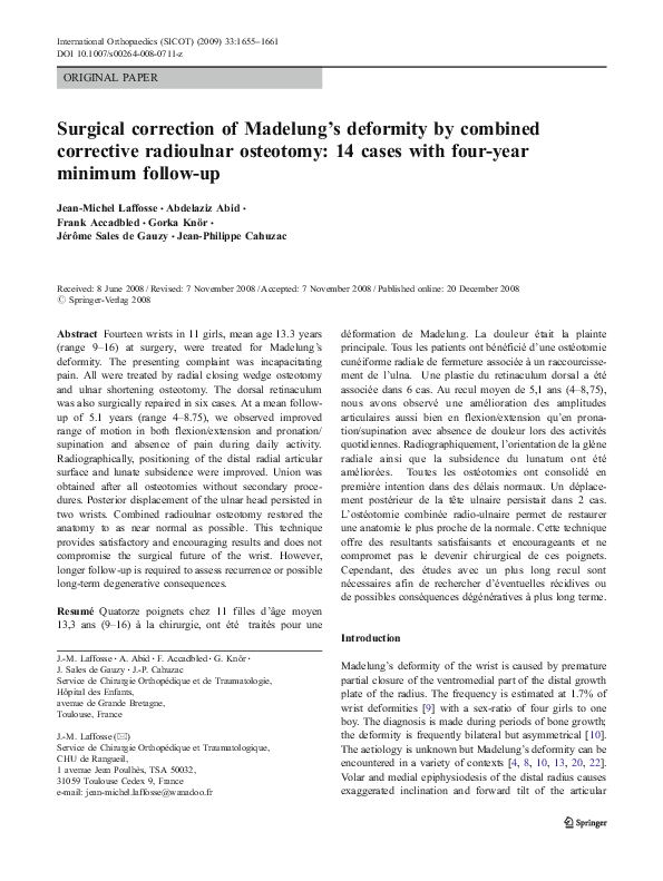 (PDF) Surgical correction of Madelung’s deformity by combined ...