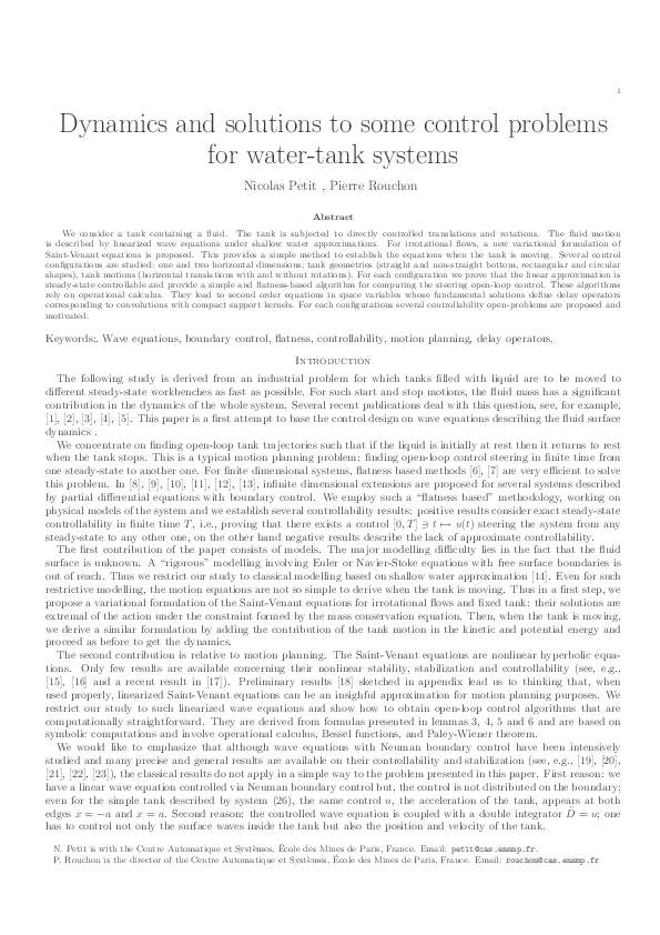 (PDF) Dynamics and solutions to some control problems for water-tank ...