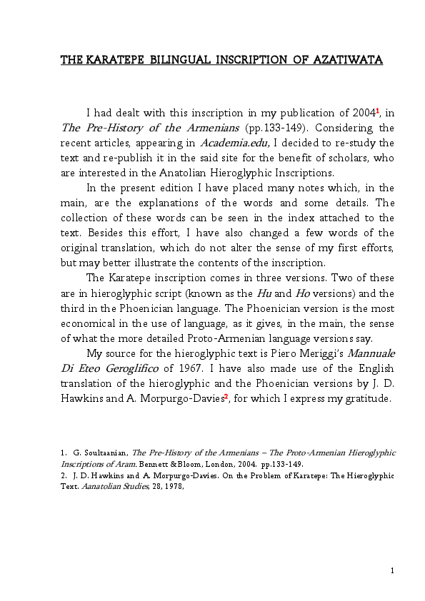 (PDF) The Karatepe Bilingual Inscription of Azatiwata