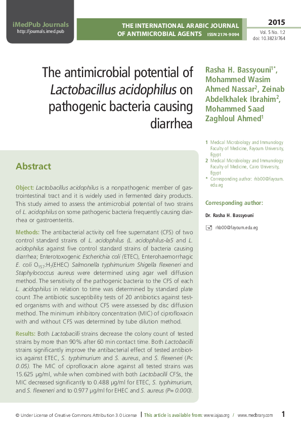 (PDF) The antimicrobial potential of Lactobacillus acidophilus on