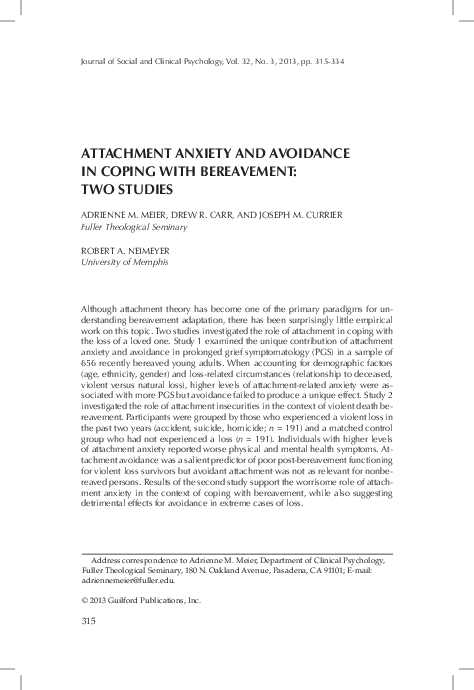 (PDF) Attachment Anxiety and Avoidance in Coping with Bereavement: Two ...