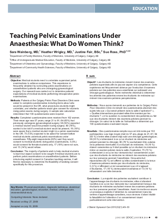 (PDF) Teaching pelvic examinations under anaesthesia what do women