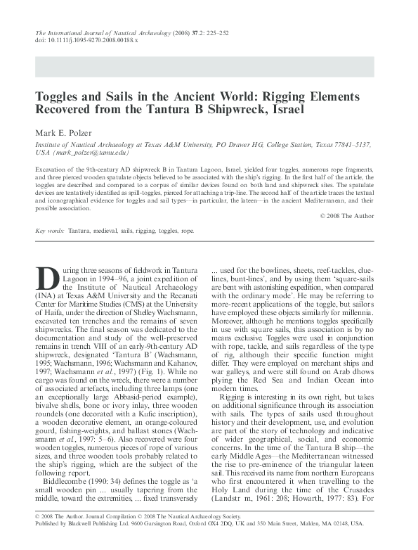 (2008). Toggles and Sails in the Ancient World: Rigging Elements Recovered from the Tantura B Shipwreck, Israel