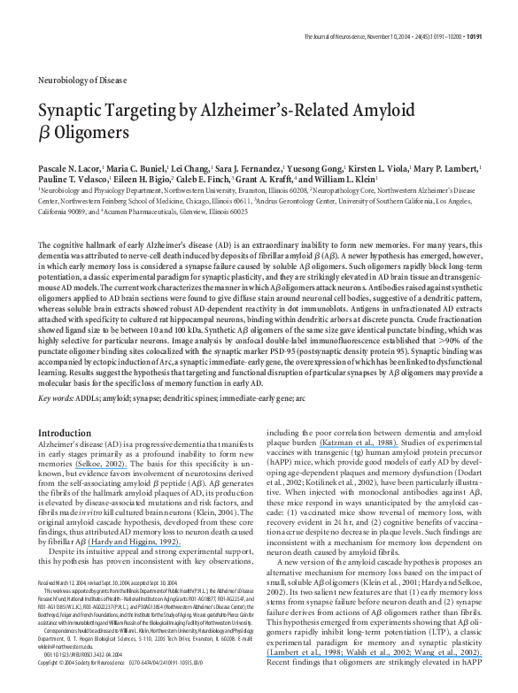 (PDF) Synaptic targeting by Alzheimer's-related amyloid beta oligomers