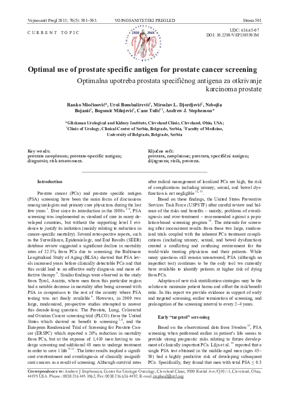 (PDF) Optimal use of prostate specific antigen for prostate cancer ...
