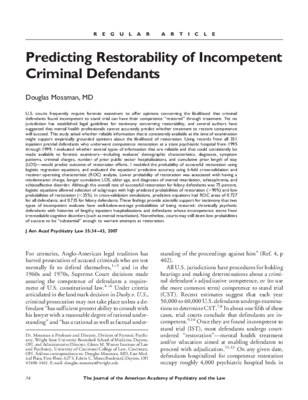 (PDF) Predicting restorability of incompetent criminal defendants