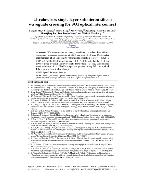 (PDF) Ultralow loss single layer submicron silicon waveguide crossing ...