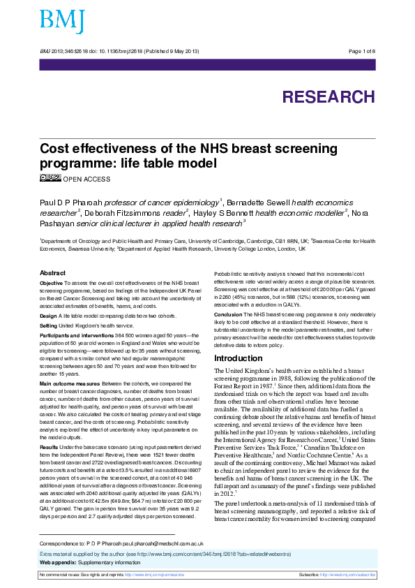 (PDF) Cost effectiveness of the NHS breast screening programme life table model Nora Pashayan