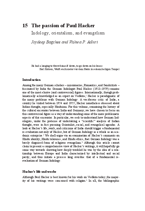 The passion of Paul Hacker: Indology, orientalism, and evangelism