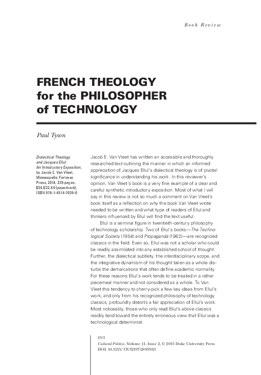 Dialectical Theology and Jacques Ellul: An Introductory Exposition