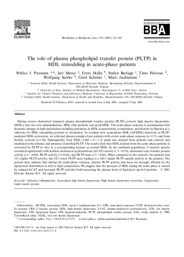 (PDF) The role of plasma phospholipid transfer protein (PLTP) in HDL ...