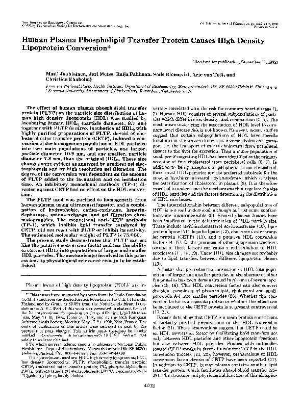 (PDF) Human plasma phospholipid transfer protein causes high density ...