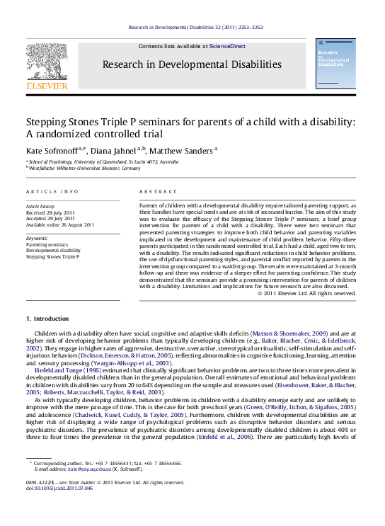 (PDF) Stepping Stones Triple P seminars for parents of a child with a ...