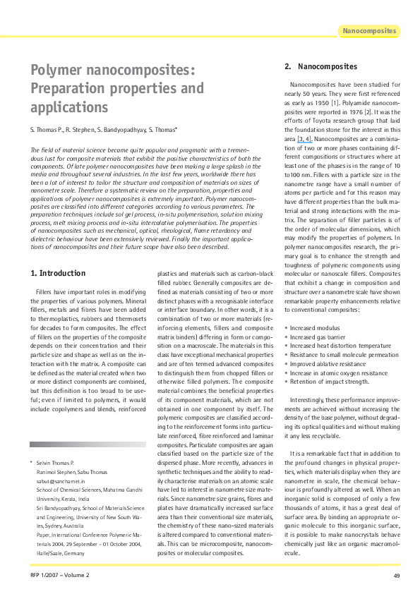 (PDF) Polymer Nanocomposites: Preparation, properties and applications