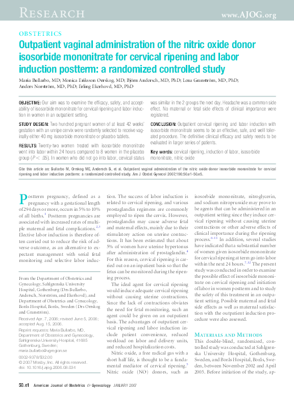 (PDF) Intracervical application of the nitric oxide donor isosorbide dinitrate for induction of