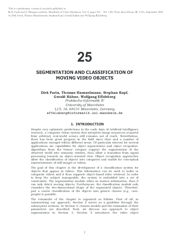 (PDF) Segmentation and classification of moving video objects