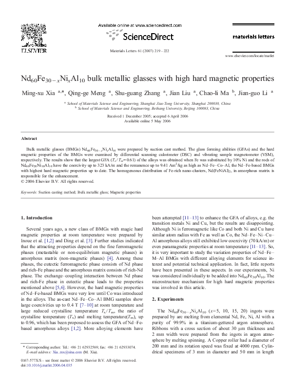 (PDF) Nd60Fe30−xNixAl10 bulk metallic glasses with high hard