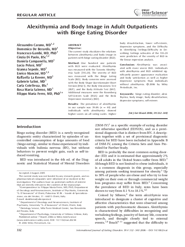 (PDF) Alexithymia and body image in adult outpatients with binge eating ...